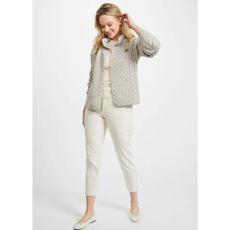 Ladies Luxury Merino Wool Trellis Multi Aran Cable Knit Cardigan  Oatmeal